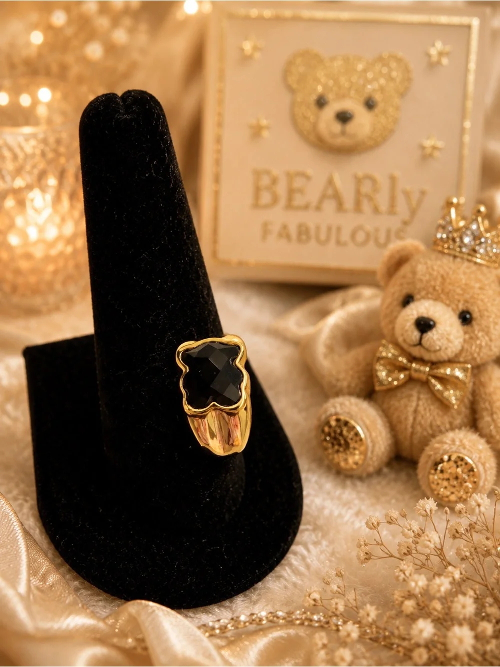 Gold Tone Black Bear Statement Ring - Size 7